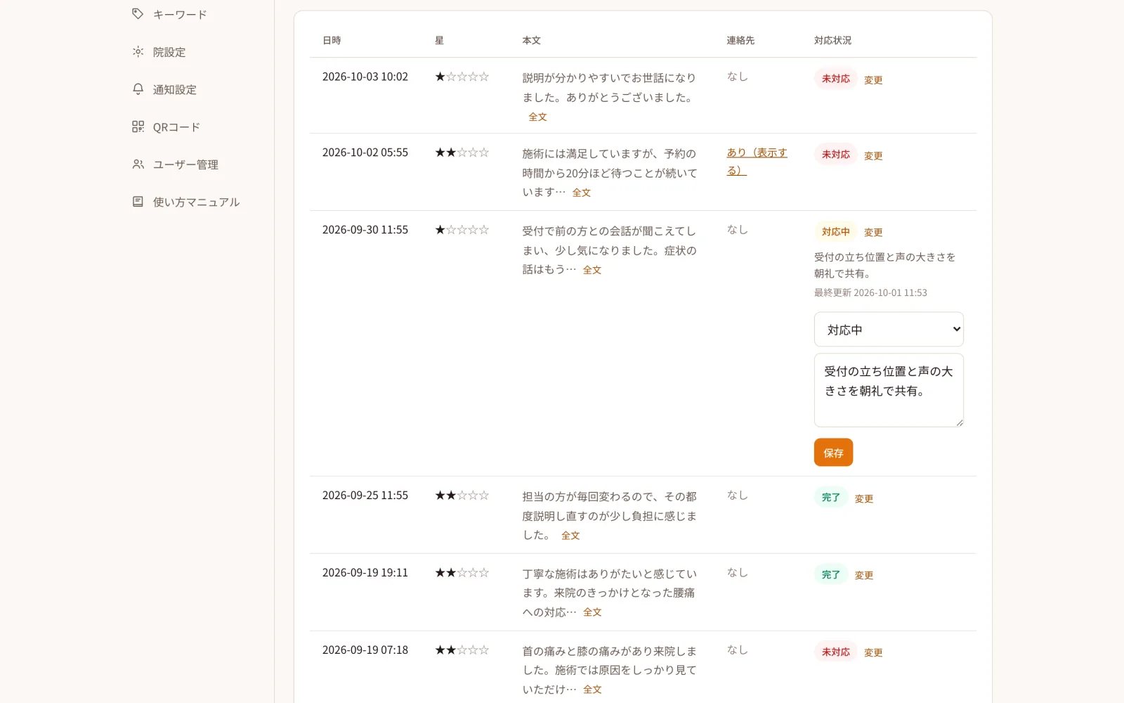 ご意見の一覧画面。対応状況を選び、院内向けの対応メモを残せる（ダミーデータ）