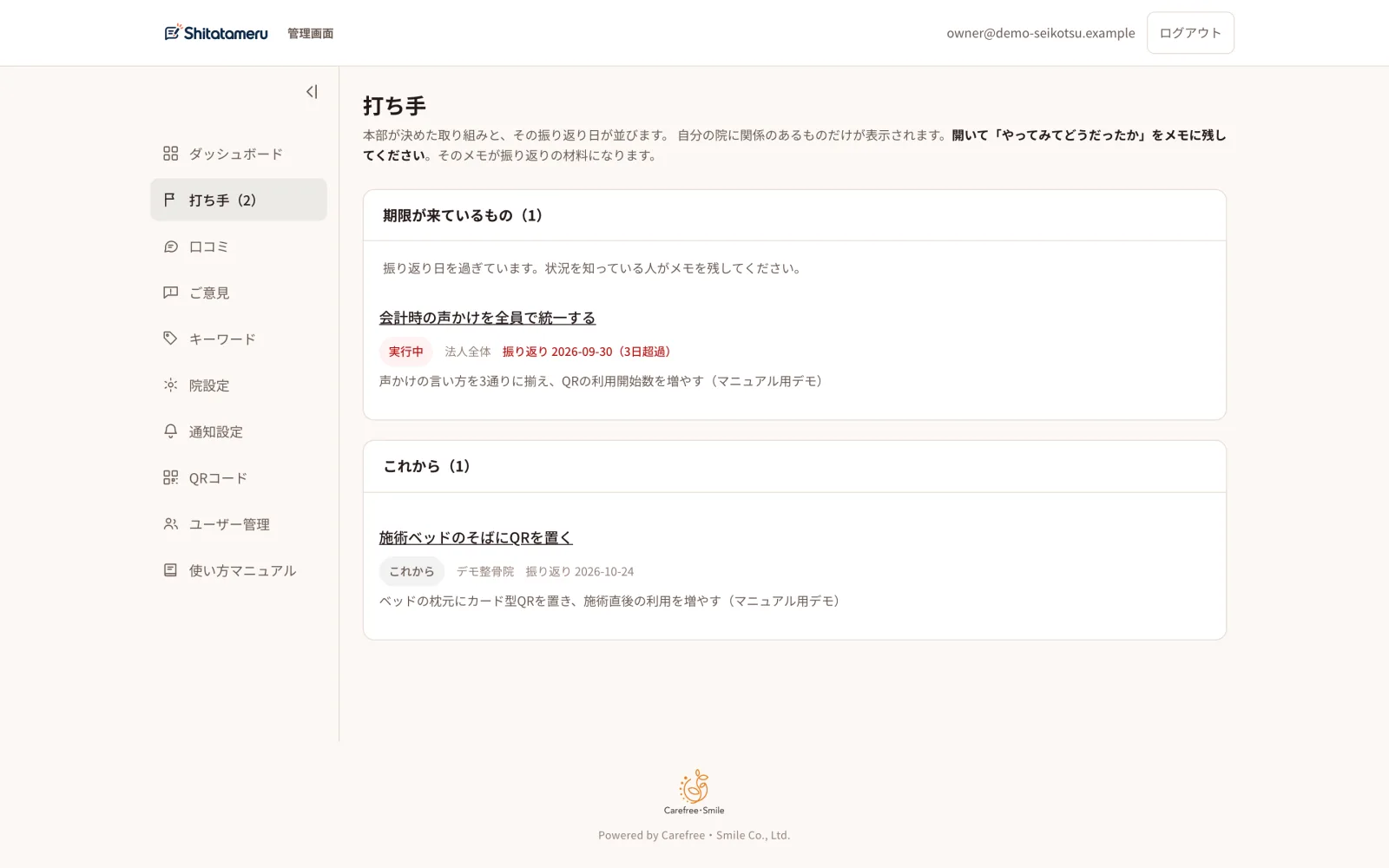 打ち手の画面。本部が決めた取り組みと振り返りの日が並ぶ（ダミーデータ）